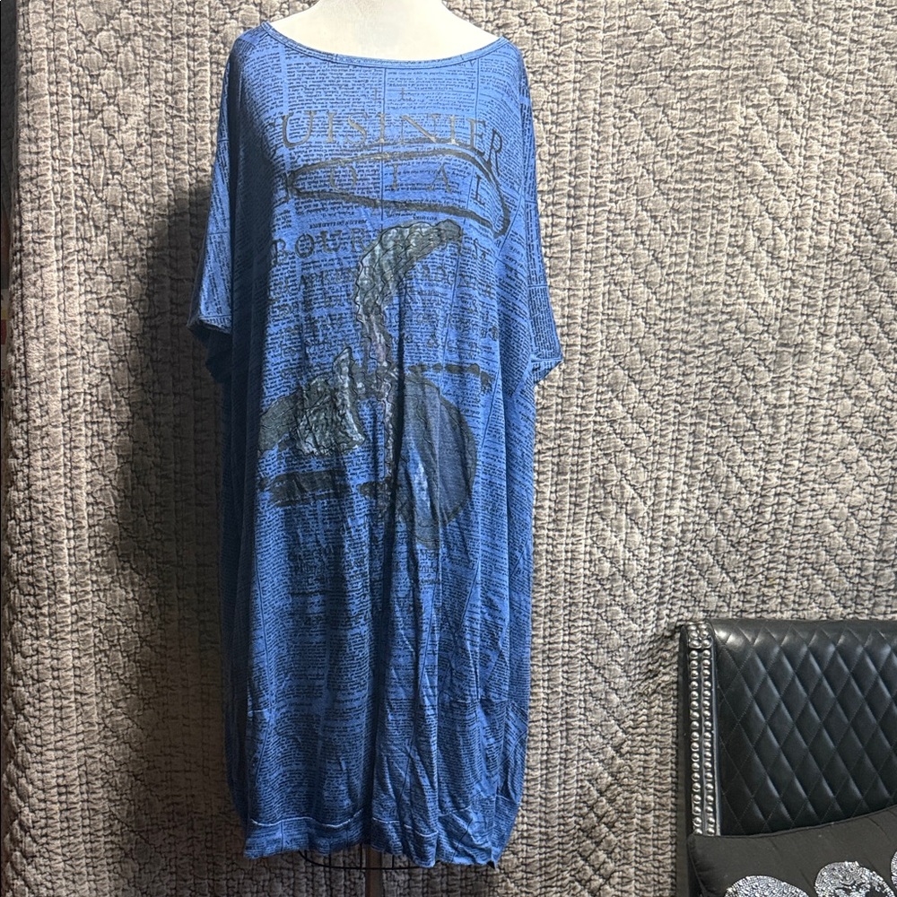 Casual Blue Graphic Dress 100%Linen